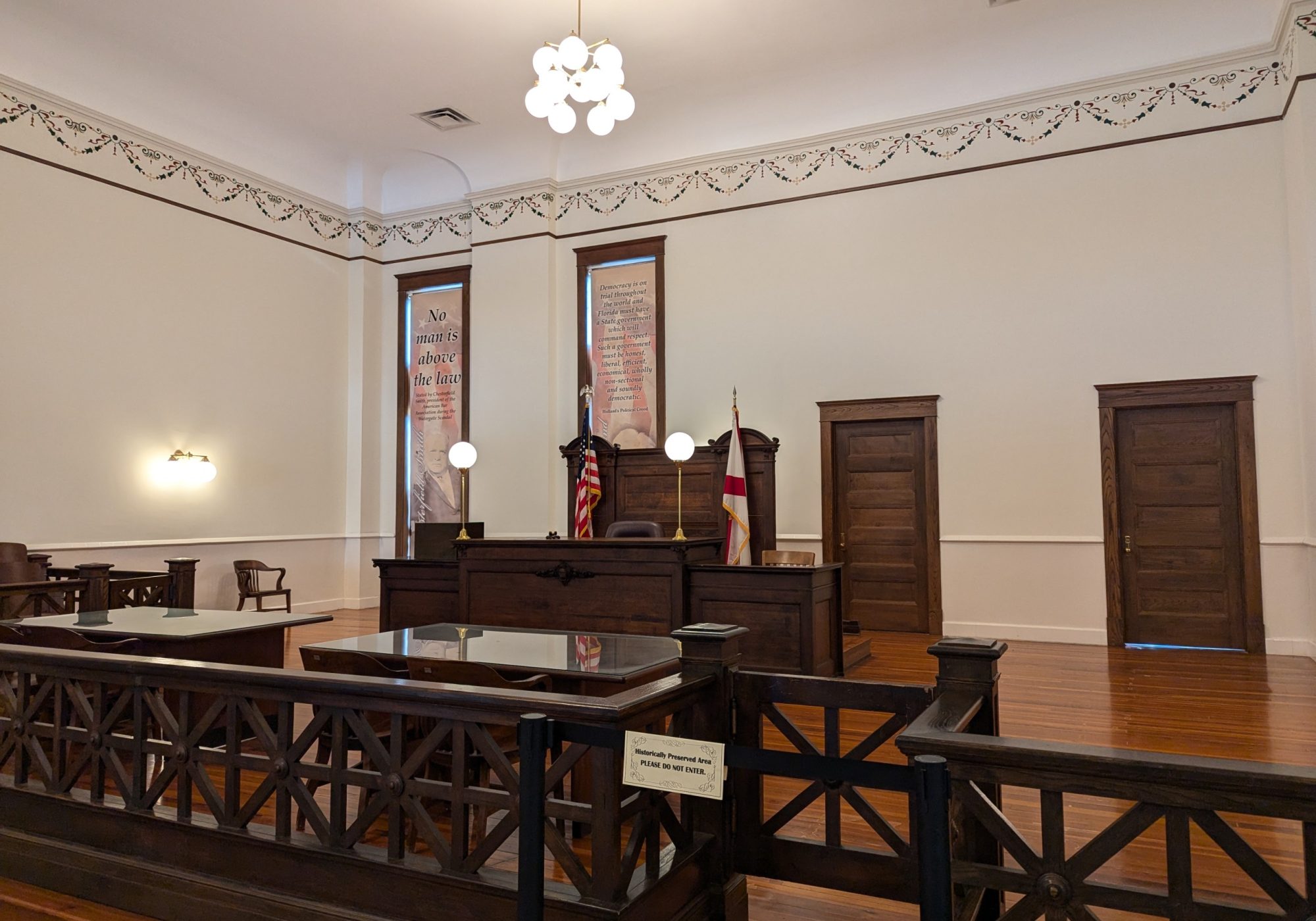 Historic wood-paneled courtroom interior